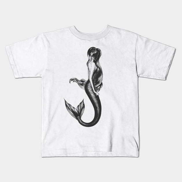 Mermaid hand drawn monochrome print T-Shirt Kids T-Shirt by Mia_Akimo